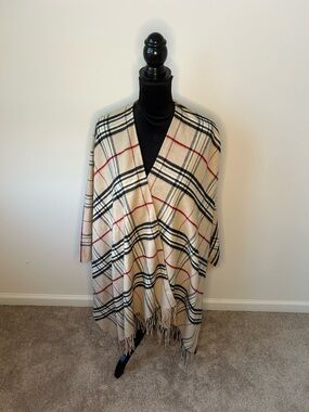 Plaid Fringe Wrap Cape - Beige, Black & Red